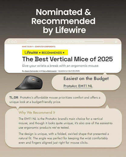 ProtoArc Ergonomic Mouse, EM11 NL Bluetooth Rechargeable Wireless Vertical Mouse, 3 Multi-Device Connectivity for Computer/PC/Laptop, 2.4GHz Optical Mice for Windows, Mac OS, Black