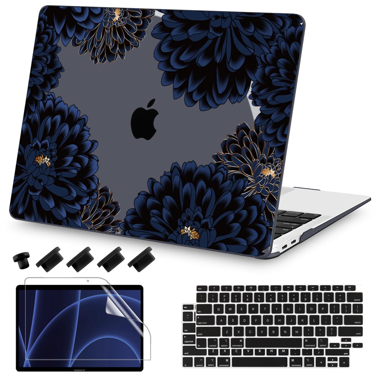 Teryeefi for MacBook Air 13 inch Case 2021 2020 2019 2018 Release (Model A2337 A2179 A1932 Retina Display with Touch ID), Plastic Hard Shell Case & Keyboard Cover for MacBook Air 13 M1, Gold Flowers