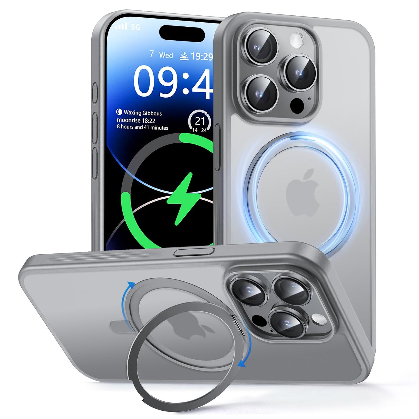 MAGIC JOHN 360° Rotatable Magnetic Invisible Stand for iPhone 15 Pro Max Case [Anti-Slip Grip] [Compatible with MagSafe] 16FT Shockproof for iPhone 15 Pro Max Case with Kickstand, Gray