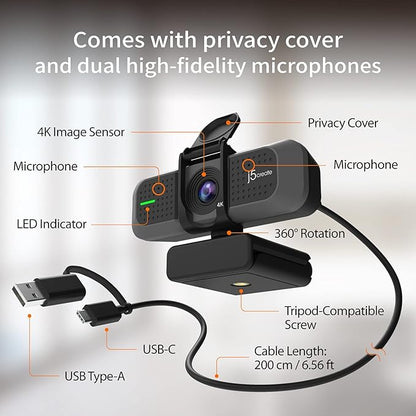 j5create 4K Wide Angle Webcam with Microphone/Privacy Cover for Video Conferencing, Streaming, Recording and Online Teaching, Supports Zoom, Skype, Teams, OBS and More (JVU430)