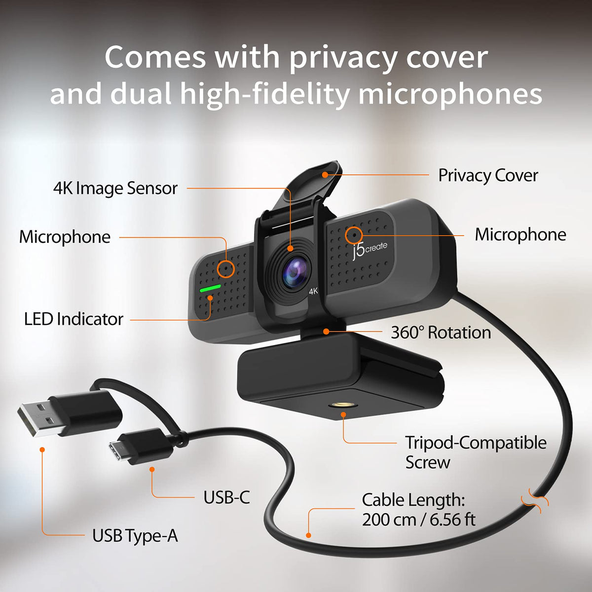 j5create 4K Wide Angle Webcam with Microphone/Privacy Cover