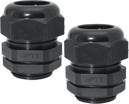 1" NPT Nylon Cable Glands, IP68 Waterproof Adjustable Cord Grip Cable Connector Strain Relief Wire Protectors for 18-25mm Cable Diameter, 2 Pcs, Black
