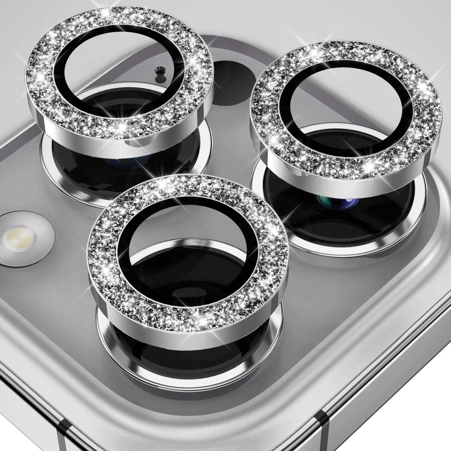 YWXTW Designed for iPhone 14 Pro/iPhone 14 Pro Max Camera Lens Protector Bling, [New Glitter Design] Individual Metal Tempered Glass Camera Cover Accessories Case Friendly, 1 Set (Silver Glitter)