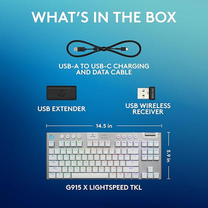 Logitech G915 X Lightspeed TKL Wireless Mechanical Gaming Keyboard, Double-Shot PBT Keycaps, Fully Programmable Keys, RGB Backlit Mac/PC Gaming Keyboards, Aluminum Finish, GL Tactile Switches, White