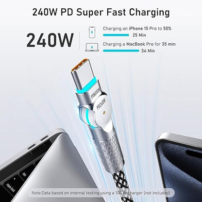 USB C to USB C Cable 6.6ft 240W, 180°Rotating USB C Cable Braided Type C Charger Cable Fast Charge for iPhone 16/16Pro/16Plus/16ProMax,MacBook Air,iPad Pro,Pixel,Samsung Galaxy S23/S24 Ultra-Black