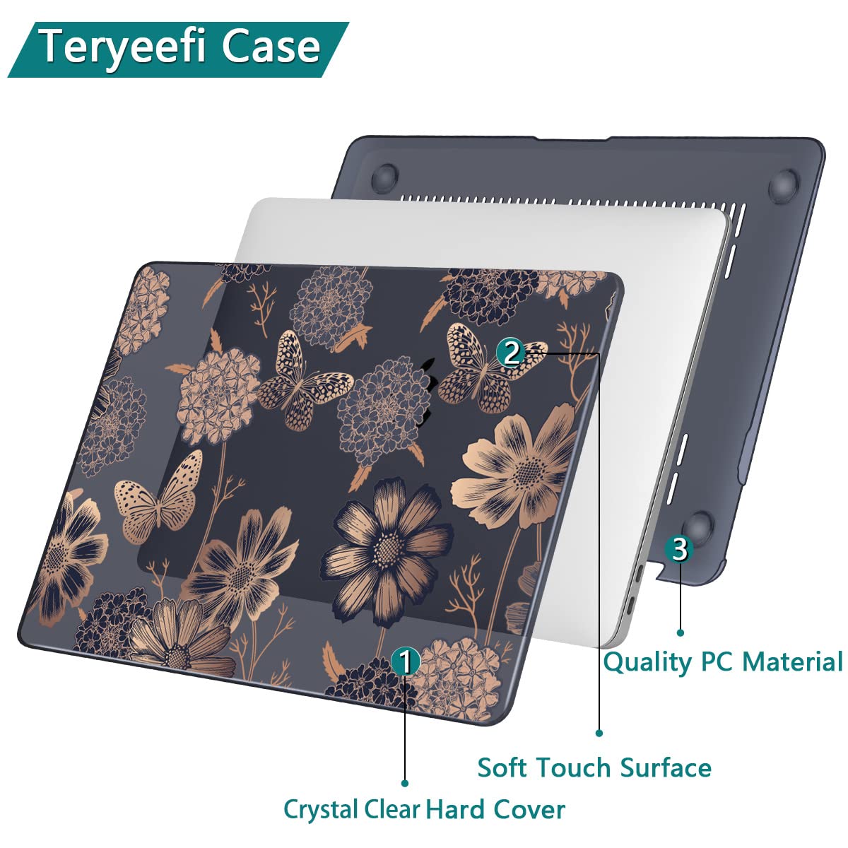 Teryeefi for MacBook Air 13 inch Case 2021 2020 2019 2018 Release (Model A2337 A2179 A1932 Retina Display with Touch ID), Plastic Hard Shell Case & Keyboard Cover for MacBook Air 13 M1, Gold Flowers
