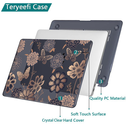 Teryeefi for MacBook Air 13 inch Case 2021 2020 2019 2018 Release (Model A2337 A2179 A1932 Retina Display with Touch ID), Plastic Hard Shell Case & Keyboard Cover for MacBook Air 13 M1, Gold Flowers