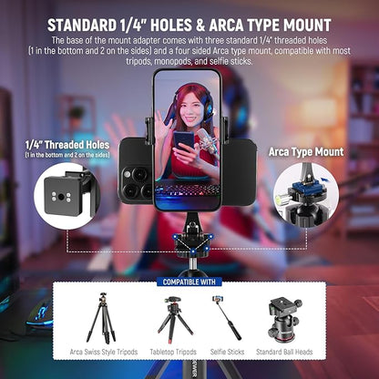 NEEWER Metal Phone Tripod Mount Adapter with Arca QR Base, 360° Rotatable Dual Cell Phone Clip Clamp Holder with 4 Cold Shoes Compatible with iPhone Samsung for Vlog Live Stream Video Recording, SP-08