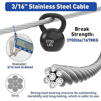 TooTaci 3/16" Stainless Steel Cable, 100ft Wire Rope with Aluminum Crimping Sleeve&Thimbles, 7x19 Strands, 3700lbs Breaking Strength Heavy Duty Aircraft Cable for Zipline, Deck Railing, Shade Sail