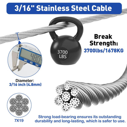 TooTaci 3/16" Stainless Steel Cable, 100ft Wire Rope with Aluminum Crimping Sleeve&Thimbles, 7x19 Strands, 3700lbs Breaking Strength Heavy Duty Aircraft Cable for Zipline, Deck Railing, Shade Sail