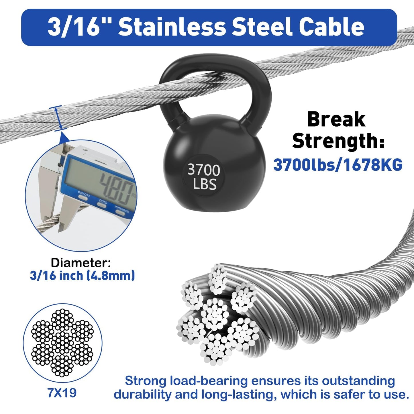 TooTaci 3/16" Stainless Steel Cable, 100ft Wire Rope with Aluminum Crimping Sleeve&Thimbles, 7x19 Strands, 3700lbs Breaking Strength Heavy Duty Aircraft Cable for Zipline, Deck Railing, Shade Sail