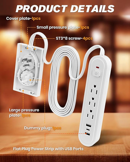 Saker Outlet Concealer Power Strip, 8FT Surge Protector Flat Extension Cord with 3 Outlets and 3 USB Ports, Outlet Cover Baby Proofing for Kitchen, Home and Office (8FT)