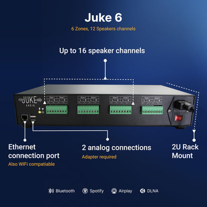 Juke-6 | 6 Zone Audio Amplifier | Wirelessly Controlled Multi-Room Audio System | Compatible with Airplay 2, Spotify Connect, Bluetooth, DLNA