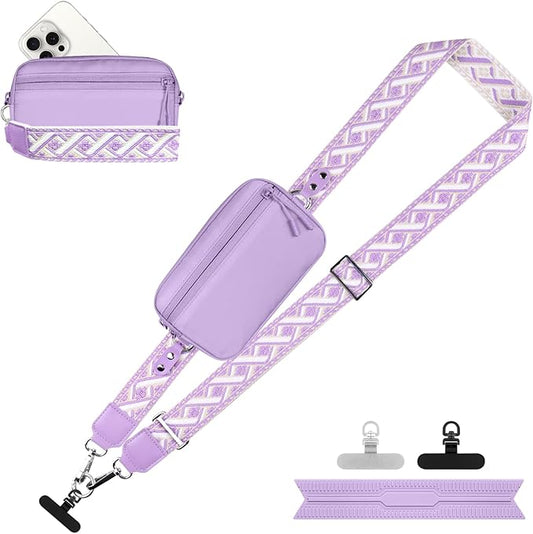 Clip and Go Strap for Phone with Wallet Crossbody, Adjustable Phone Lanyard with Detachable RFID Wristlet Wallet, Pattern Strap - Purple (L)