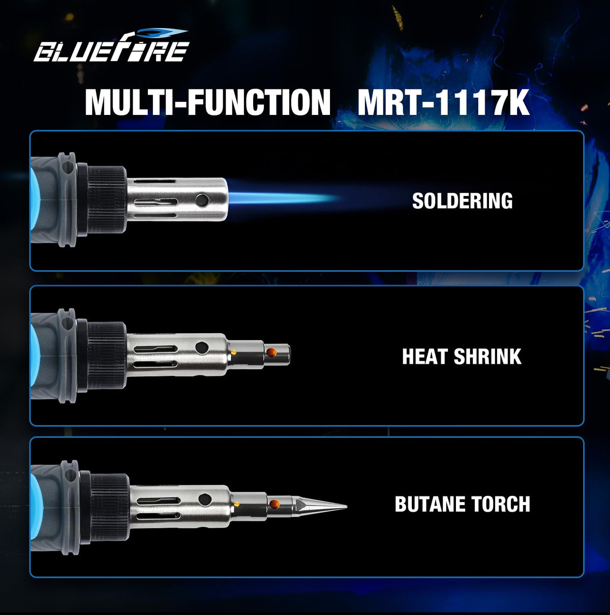 BLUEFIRE MRT-1117K Cordless Butane Soldering Iron Kit Portable Multi-Purpose Mini Torch for Electronics, Jewelry, Welding & Brazing|Self-Igniting,Flame Control,Light Weight,Rapid Heat Up,Inflatable