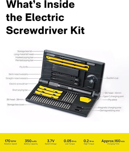 HOTO Precision Screwdriver Set, 110° Upright Workpad, Mini Electric Screwdriver with Charging Dock, 0.05/0.2 N·m Torque, LED Light, 26 Bits and 10 Repair Tools for Electronics, Phones, Laptops