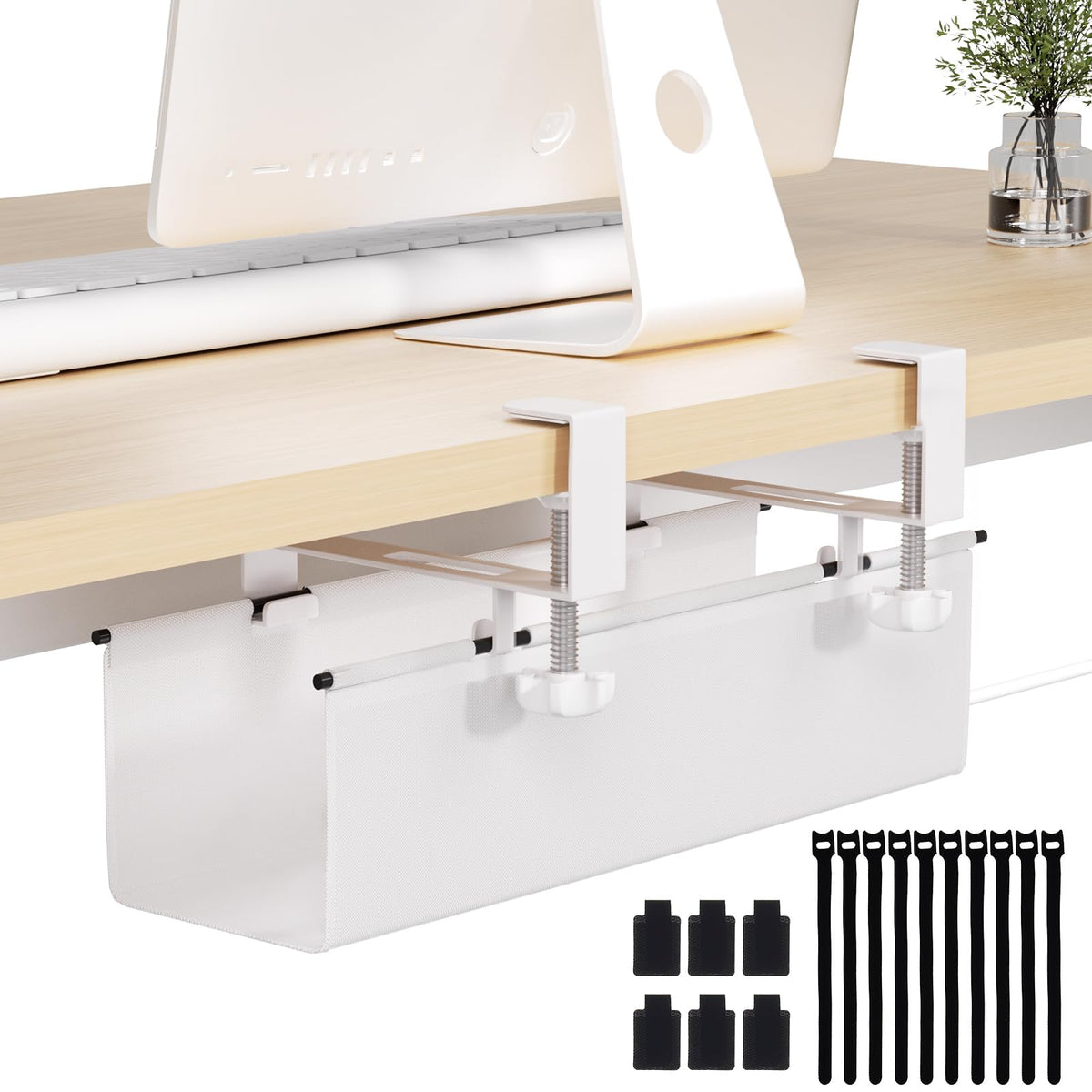 Under Desk Cable Management Tray 27.2" - No Drill Computer Wire Organizer Cable Tray, Cord Hider Clamp Mount with 16X Cable Ties PC Cables Management Cord Holder for Office/Home (Upgrade Fabric,Black)
