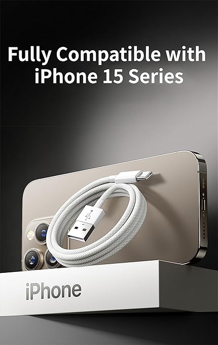 Short CarPlay Cable for Apple iPhone 16 Pro Max Charger [MFi Certified] Woven USB A to USB C Cable for iPhone 15 Pro Max/iPhone 15 to Power Bank, iPhone 16 USB to Type C Car Charger Cord (1ft White)