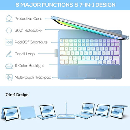 typecase Touch iPad 10th Generation Case with Keyboard (10.9", 2022) and iPad A16 (11th Gen, 2025) – 360° Rotatable, 11-Color Backlit, Multi-Touch Trackpad, Thin & Light (Sky Blue)