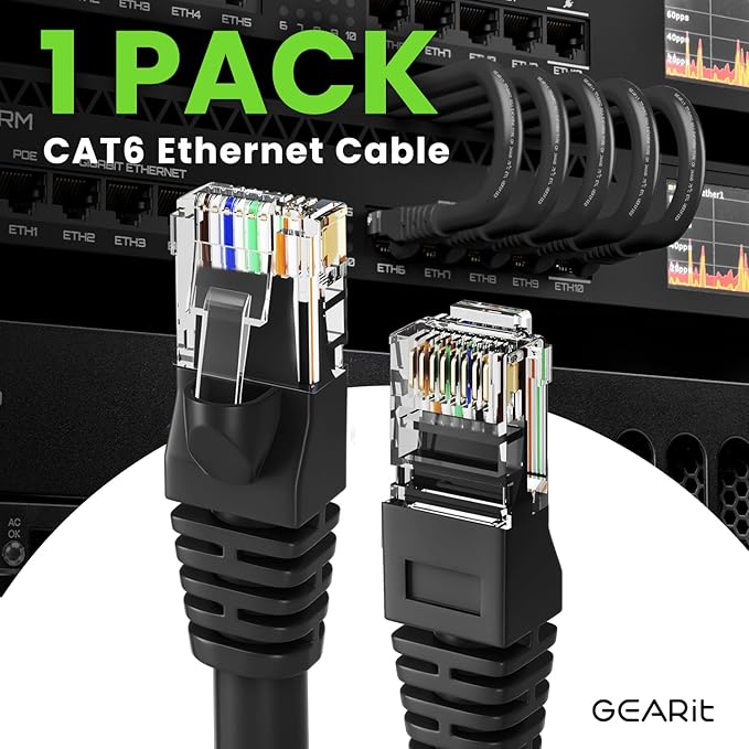 GEARit Cat 6 Ethernet Cable Pack Ð 1-Pack 10 ft Cat6 Ethernet Patch Cables | RJ45 Network Patch Cable, 10 Gbps Snagless Gold-Plated Connectors Ð Ethernet Cable Cat 6 for PC, TV, Router Ð Black