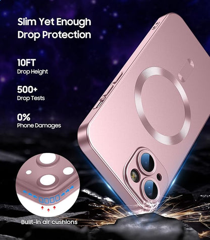 Magnetic for iPhone 14 Case [Compatible with MagSafe][Built-in Camera Lens Protector] Slim Soft Silicone Bumper Shockproof Metallic Luster Phone Case (Rose Gold)