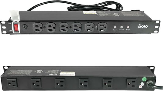 Tecmojo 1U Rackmount Network-Grade PDU Surge Protector, 12 Outlets (6 Front, 6 Rear Wide Spaced) 12A 6ft Cord with 5-15P Lug - Black, UL Certified