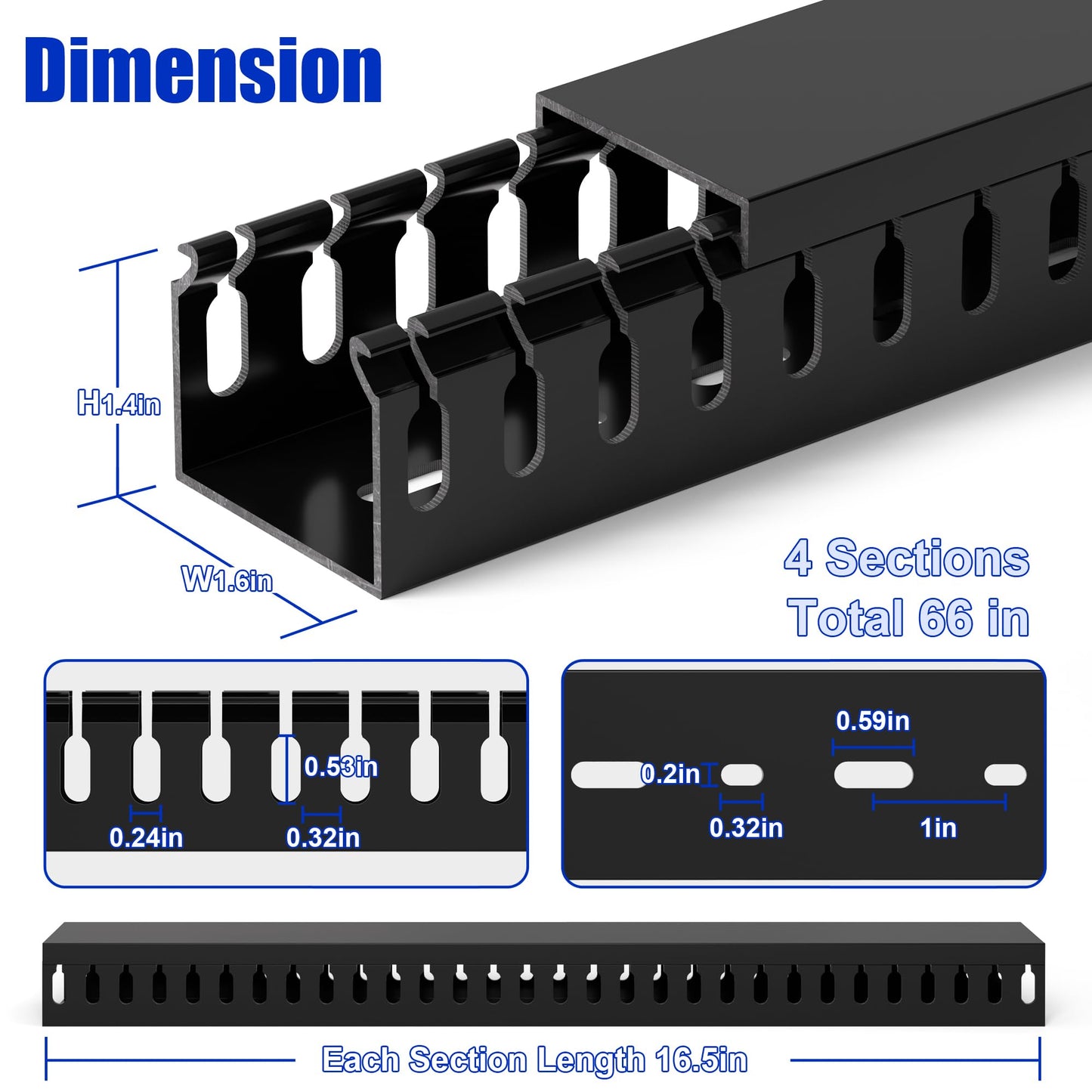 1.4"H x 1.6"W Cable Raceway, 66in Under Desk Wire Management Channel, Black