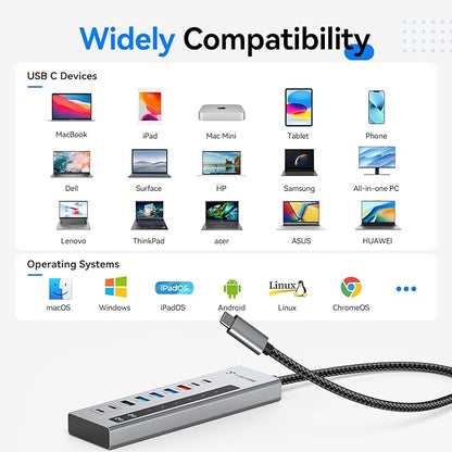 TobenONE Powered USB C Hub, 11-in-1 10Gbps USB C Splitter with 5 USB-A and 5 USB-C, 72W Adapter, 100W PD-IN, 45W USB C Charging Port, USB C Expander for Laptop/PC, MacBook, iPad,Phone(Not for Monitor)