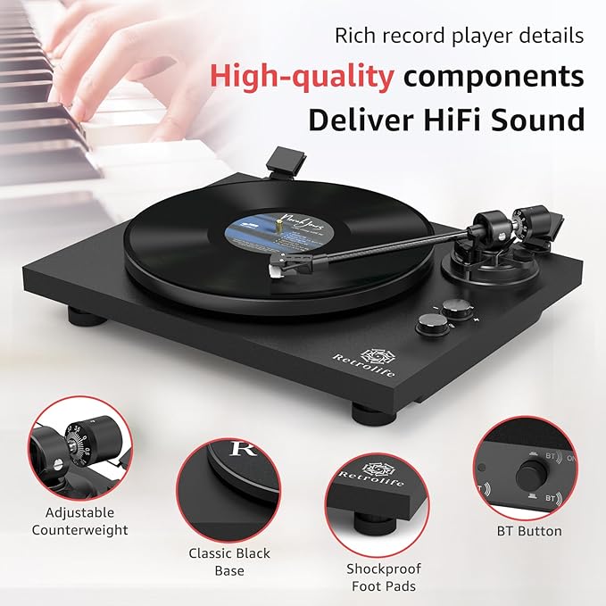 Record Player Wireless Output Turntable Carbon Fiber Tonearm Vinyl Player Aluminium Platter Belt-Drive LP Turn Tables 2 Speed RPM Phono RCA Line Output AT-3600L MM Cartridge Audio Sound Pure Black