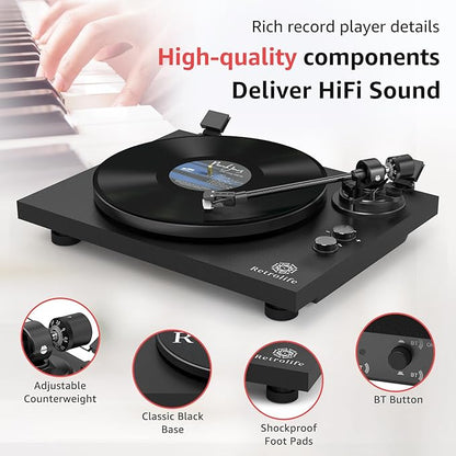 Record Player Wireless Output Turntable Carbon Fiber Tonearm Vinyl Player Aluminium Platter Belt-Drive LP Turn Tables 2 Speed RPM Phono RCA Line Output AT-3600L MM Cartridge Audio Sound Pure Black