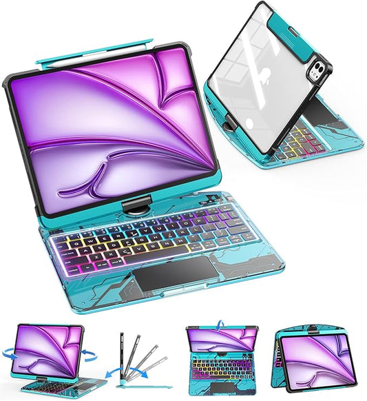 SIBEITU Clear Wireless Keyboard Case for iPad Air 13-inch M4/M3/M2 (2026/20252024) & iPad Pro 12.9-inch 6th 5th 4th 3rd Gen, Precision Trackpad & 7-Color Backlit, Pencil Holder, 360°Rotatable, Blue