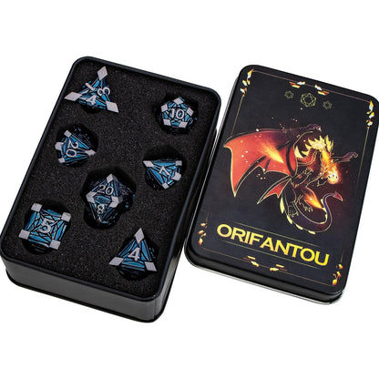 ORIFANTOU 7PCS Metal DND Dice Set with Box, Debris RPG Black Blue D and D Dice for use with D&D Tabletop Games Role Playing Game Polyhedral Dice Set D20 D12 D10 D8 D6 D4