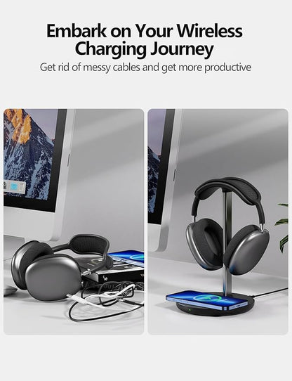 Miroddi Headphone Stand with Wireless Charger, Independent USB Charging Port, 5 in 1 Charging Station Headset Holder Rack for AirPods Max/Pro/4/3/2, iWatch, iPhone, Samsung and Desk Headphones, Black
