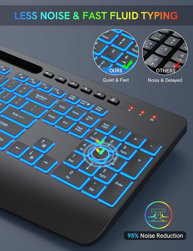 Trueque Wireless Keyboard with 7 Colored Backlits, Wrist Rest, Phone Holder, Rechargeable Ergonomic Keyboard with Silent Light Up Keys, Cordless Computer Keyboard for Windows, Mac, Laptop