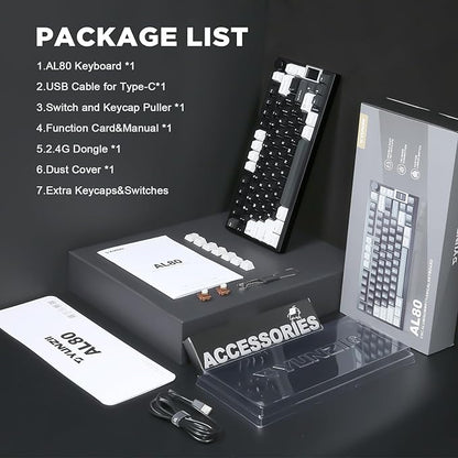YUNZII AL80 Wireless Mechanical Keyboard,Full Aluminum CNC, Smart LCD Display,Hot Swappable Gasket Mount 75% Layout with Knob,BT/2.4G/USB-C,QMK/VIA Support for Win/Mac (Black, Gateron Zero Switch)
