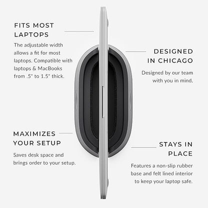HumanCentric Vertical Laptop Stand in Vegan Black Leather, Upright Adjustable Holder and Dock, Laptop Vertical Stand Fits MacBook Pro and Other Laptops .5" to 1.5", Clamshell Compatible