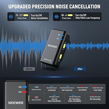 NEEWER CM28 PRO Wireless Lavalier Lapel Microphone System with Charging Case 48KHz 16 Bit Uncompressed Audio Noise Canceling 4GB Storage 9Hrs Recording Compatible with iPhone iPad Android Camera PC