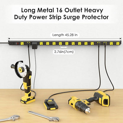 JUNNUJ Long Metal 16 Outlet Power Strip, Heavy Duty Power Strips Surge Protection 4800J with Circuit Breaker, 20a Wide Spaced Socket Wall Mount 5-15P Adapter High Amp 6-20R T-Slot 15FT Extension Cord