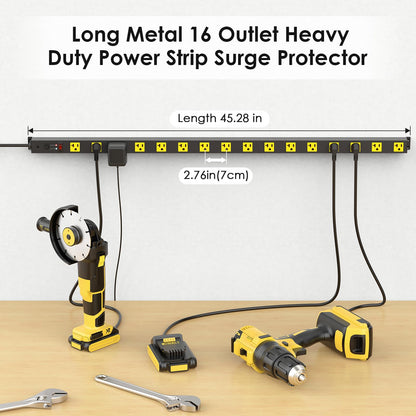 JUNNUJ Long Metal 16 Outlet Power Strip, Heavy Duty Power Strips Surge Protection 4800J with Circuit Breaker, 20a Wide Spaced Socket Wall Mount 5-15P Adapter High Amp 6-20R T-Slot 4FT Extension Cord