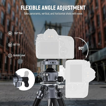 NEEWER LITETRIP LT07 61" Aluminum Travel Tripod for Camera w Pan Tilt Low Profile Ball Head, Arca QR Plate Compatible with Peak Design Tripod Plate V3, Dual Center Axis, Phone Holder, Max Load 22lb