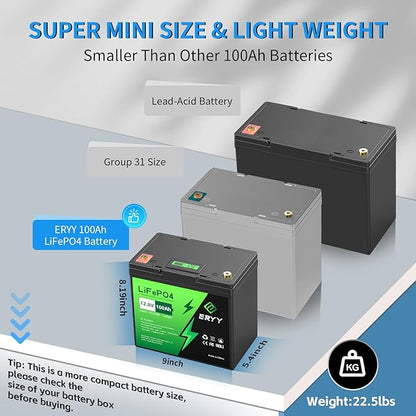 12V 100Ah LiFePO4 Battery - 2 Pack, Rechargeable 12v Lithium Batteries with 100A BMS, VoltMeter, 5000+ Deep Cycle 1.28kWh Higher Energy Density Battery for RV, Boat, Van, TrollingMotor(Mini Size)