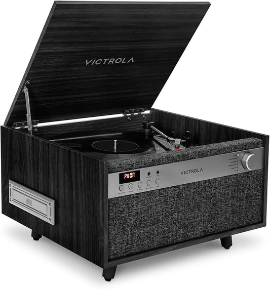 Victrola Century 6-in-1 Vinyl Record Player & Music Center – 3-Speed Turntable, CD & Cassette Player, VINYLSTREAM, Bluetooth & 3.5mm Aux, Record Player with Speakers, Mid Century Design (Black)