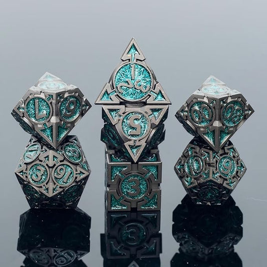 Green Black Nickel Finish Heavy Metal DND Dice Set (Ranger) with A Metal Box, Sharp Edge Zinc Alloy D&D Accessories, D4-D20, Designed for Dungeons & Dragons Master, RPG Player, Starter