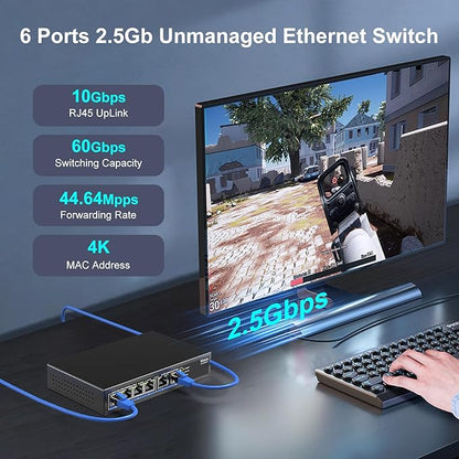 6-Port 10G/2.5G Ethernet Switch with Dual 10GBASE-T, Vimin 4X 2.5G +2 x 10Gb RJ45 Ports Unmanaged Switch, 60Gbps Capacity, 10G Switch Desktop/Wall Mount Network Switch for NAS, PC, Wireless AP