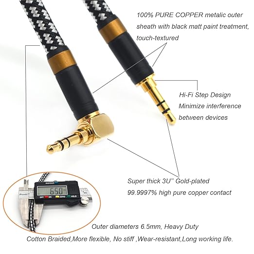 Wekuant Aux Cord, Audiophile 3.5mm Stereo Audio Cable [1m (3.2Feet), Silvered-Plated Copper core, Right Angle] Unbreakable and Great for Laptop, Tablets, Headphones, Cars and More.