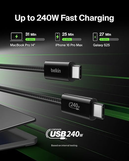 Belkin USB C to USB C Cable, 3.3ft, 240W - Type C Charger, iPhone Charger Cord, Soft, Braided, Flexible for iPhone 17, Galaxy S25, Pixel 10, MacBook, Chromebook, iPad Pro, Switch Steam Deck – Black