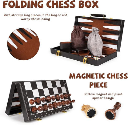 Chess Checkers Backgammon Set 3-in-1 Board Games Sets for Kids & Adults，15" Folding Magnetic Chess Set Leather Chess Board Strategy Game Portable Travel Chess Game with Magnetic Chess Pieces