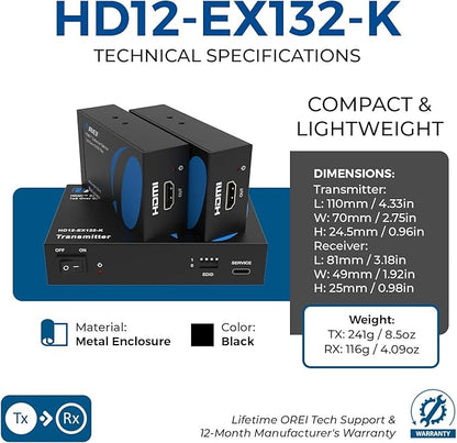 OREI 1X2 HDMI Extender Splitter Over Single CAT6/7 Cable Uncompressed 1080P with EDID - Up to 132 Ft - Loop Out - Low Latency - 1 Input 2 Output 2 Channel Transmission