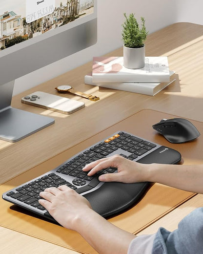 ProtoArc Ergonomic Keyboard Mouse, EKM01 Plus Full Size Wireless Bluetooth Ergo Keyboard Mouse Combo, Cushioned Palm Rest, Split Design, Rechargeable, Compatible for Windows, Mac OS - Gray and Black