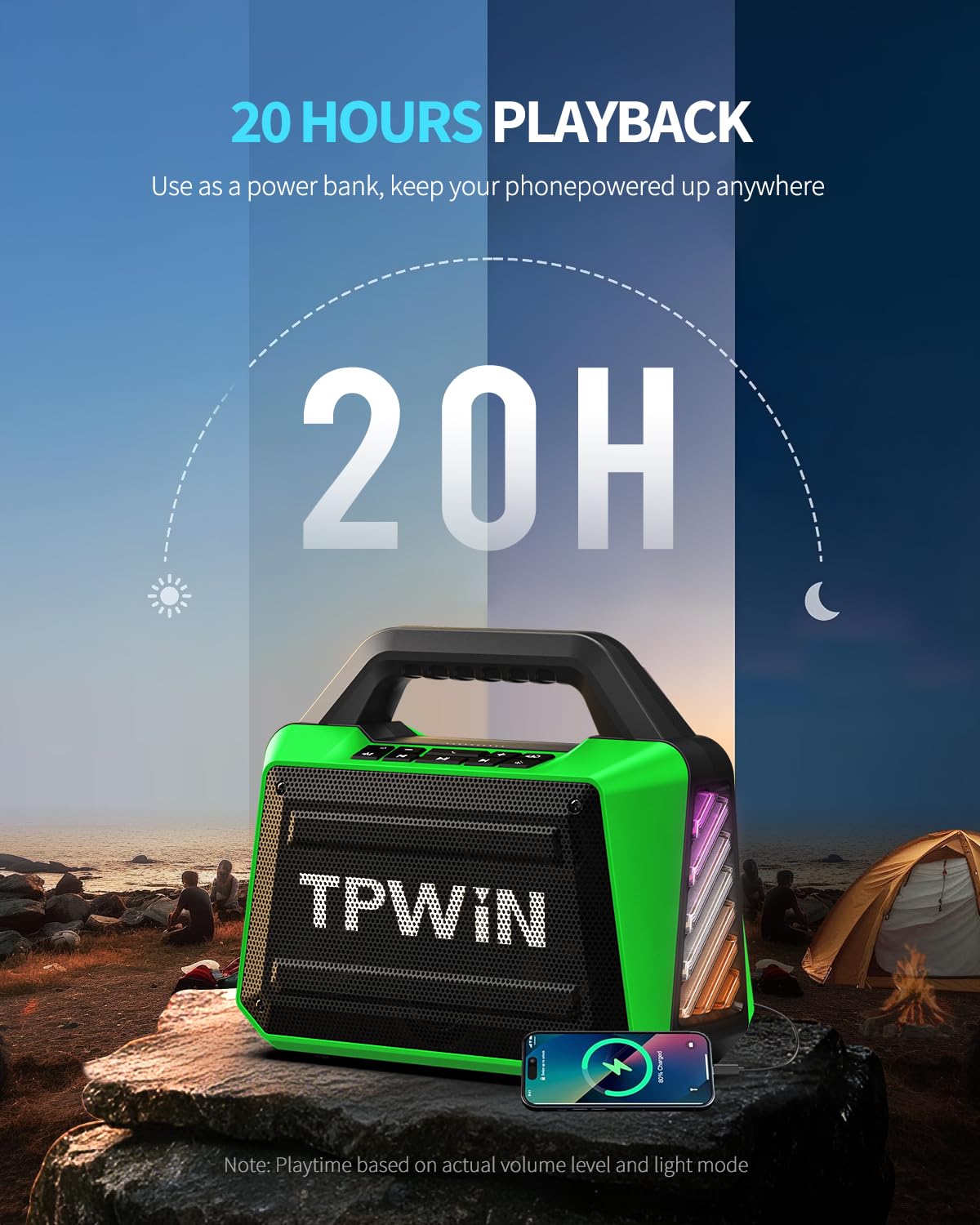 TPWIN Bluetooth Speaker - 80W Loud Rugged Outdoor Speakers, IPX6 Waterproof, 20H Playtime, Deep Bass, Lightshow, TWS, BT 5.3 Wireless, Portable for Travel Hiking Camping Beach Pool - Green